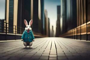a white rabbit in a blue coat standing in the middle of a city street. AI-Generated photo
