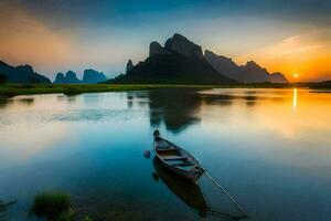 el barco es flotante en el río a puesta de sol. generado por ai foto