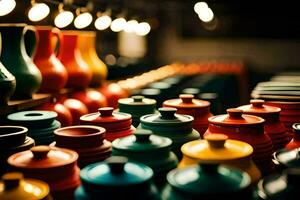 colorful vases are lined up in a row. AI-Generated photo