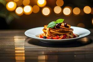 un plato de pasta con tomate salsa y albahaca hojas. generado por ai foto