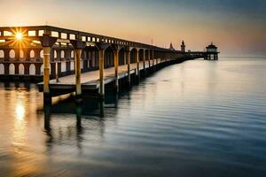 the sun is setting over a pier in the water. AI-Generated photo