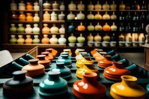 colorful vases are on display in a store. AI-Generated photo