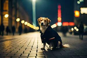 a dog wearing a jacket sits on the street at night. AI-Generated photo