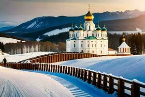 a church in the snow with a wooden fence. AI-Generated photo