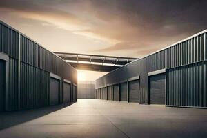 a large warehouse with two doors and a sky. AI-Generated photo