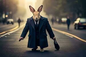 a rabbit dressed in a suit and tie walking down the street. AI-Generated photo