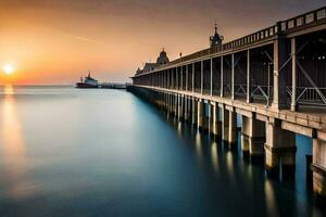 el muelle a puesta de sol en un ciudad. generado por ai foto