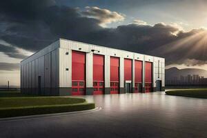 a modern fire station with a large red door. AI-Generated photo