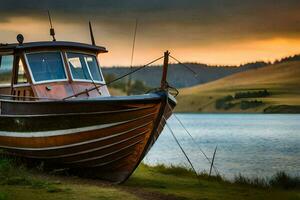 a boat sits on the shore of a lake. AI-Generated photo