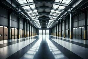 a long empty warehouse with a large skylight. AI-Generated photo