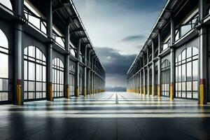an empty warehouse with large windows and a dark sky. AI-Generated photo