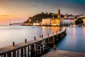 a pier in the water with buildings on the hill. AI-Generated photo