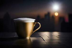 a golden cup of coffee on a table in front of a city skyline. AI-Generated photo