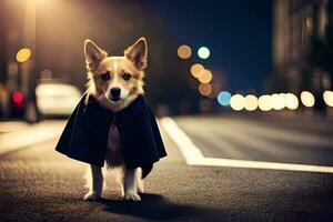 a dog wearing a cape on the street at night. AI-Generated photo