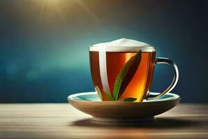 a cup of tea with a leaf on the side. AI-Generated photo