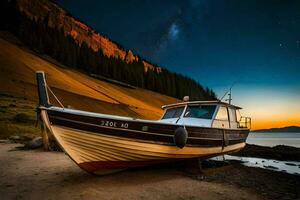 a boat sits on the shore at night. AI-Generated photo