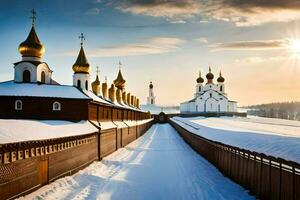 the sun shines on a snowy road leading to a church. AI-Generated photo