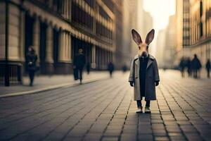 un Conejo vistiendo un Saco y sombrero soportes en el medio de un ciudad calle. generado por ai foto
