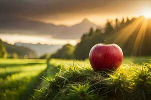 un rojo manzana en un herboso campo con montañas en el antecedentes. generado por ai foto