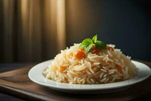 a plate of rice with carrots and mint on top. AI-Generated photo