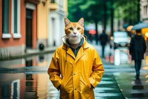 a cat wearing a yellow raincoat on a rainy day. AI-Generated photo