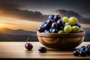 grapes in a bowl with a sunset in the background. AI-Generated photo