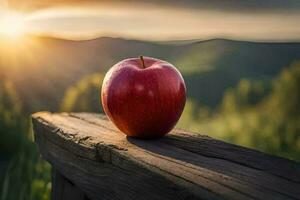 an apple sits on a wooden table in front of the sun. AI-Generated photo