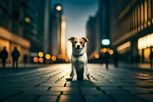 un perro sentado en el calle en el ciudad. generado por ai foto