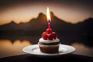 a cupcake with a single candle on top. AI-Generated photo