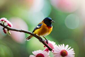 un vistoso pájaro se sienta en un rama con rosado flores generado por ai foto