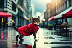 a cat wearing a red coat on a rainy day. AI-Generated photo