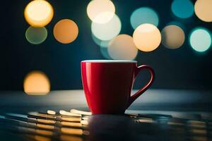 a red coffee cup on a table in front of a blurred background. AI-Generated photo