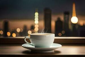 un taza de café en un ventana umbral con un paisaje urbano en el antecedentes. generado por ai foto