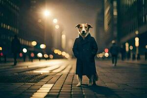 a dog in a coat standing on a street at night. AI-Generated photo