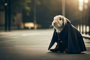 a rabbit dressed in a cloak sitting on the street. AI-Generated photo