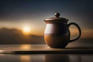 a brown teapot on a wooden table with the sun setting behind it. AI-Generated photo