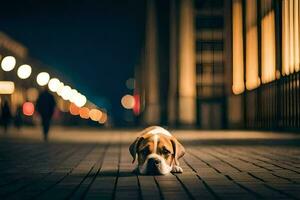 a dog laying on the ground in a city at night. AI-Generated photo