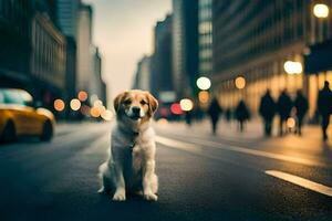 a dog sitting on the street in the middle of a city. AI-Generated photo