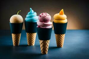 four ice cream cones with different flavors. AI-Generated photo
