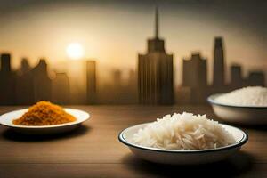 the rice and spices are on a table in front of a cityscape. AI-Generated photo