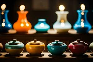 a row of colorful vases with lit candles. AI-Generated photo