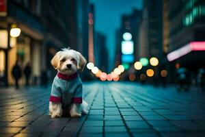 a small dog in a sweater is sitting on the street. AI-Generated photo