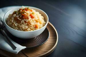 a bowl of rice with tomato and onion on a wooden plate. AI-Generated photo