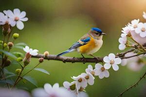 a bird sits on a branch with flowers. AI-Generated photo