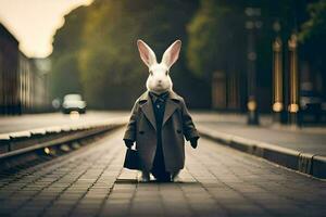 a rabbit dressed in a suit and tie is walking down a street. AI-Generated photo