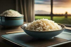 the rice is served in a bowl and placed on a plate. AI-Generated photo