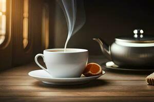 a cup of tea with a slice of orange. AI-Generated photo