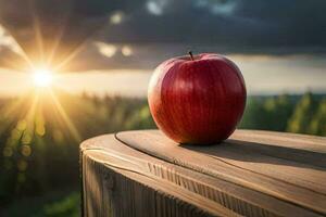 an apple sits on top of a wooden table in front of the sun. AI-Generated photo