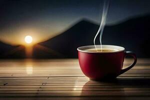 a cup of coffee on a wooden table with the sun setting behind it. AI-Generated photo