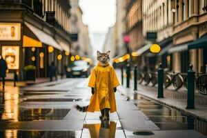 un gato en un amarillo impermeable caminando abajo un calle. generado por ai foto
